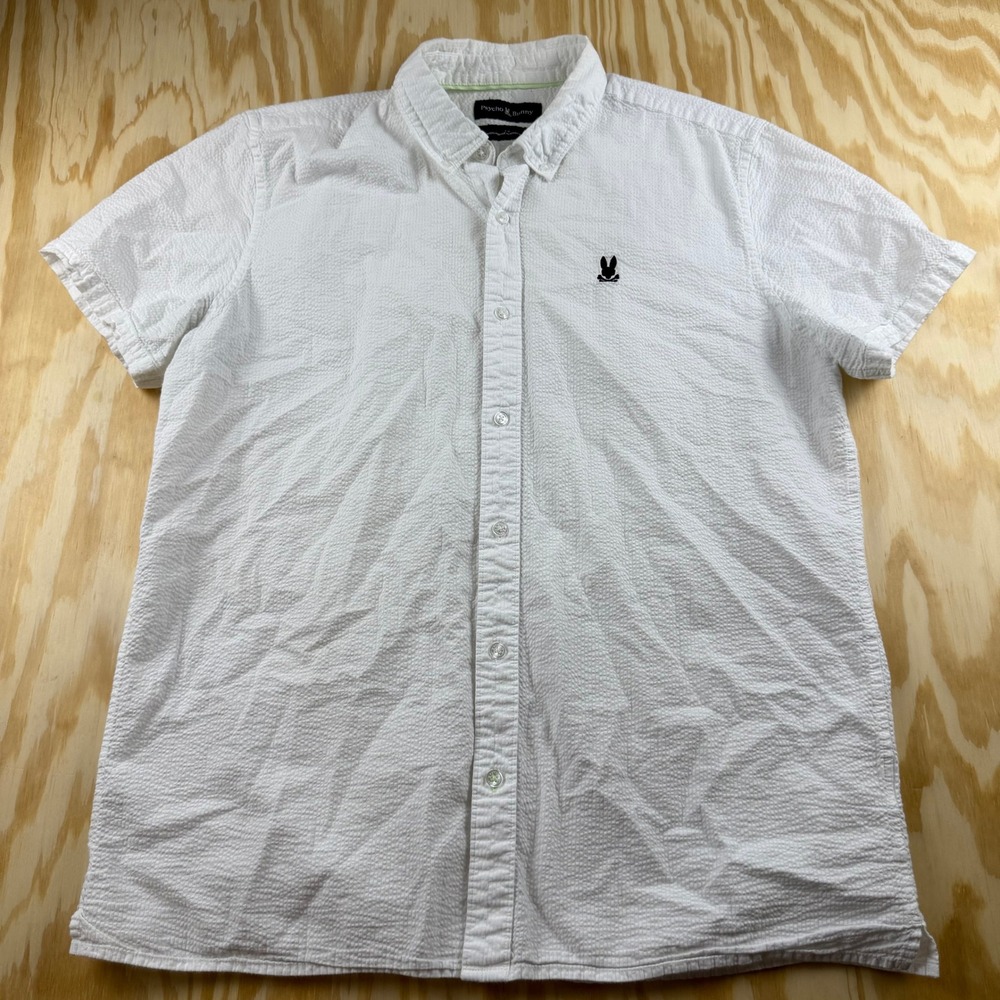 Psycho Bunny Mens White Seersucker Short Sleeve Button Down Shirt Size Large